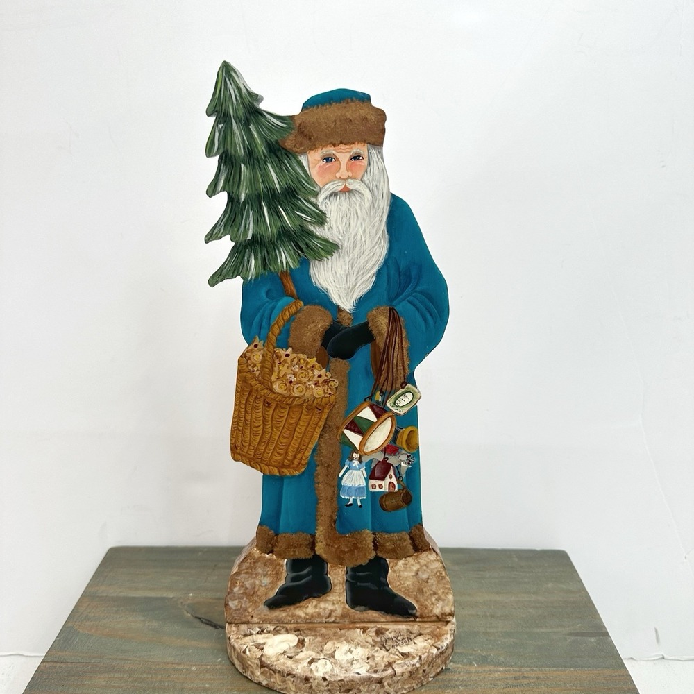Hand Painted Wooden Santa Old World Christmas Figure Free Standing Signed 14.5"